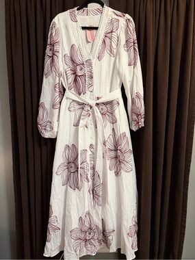 Oh So Modest | White Floral Maxi Dress with Burgundy Line-Drawn Blooms